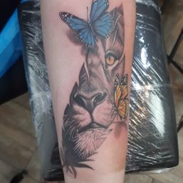 Leeuw in veer met vlinders tattoo