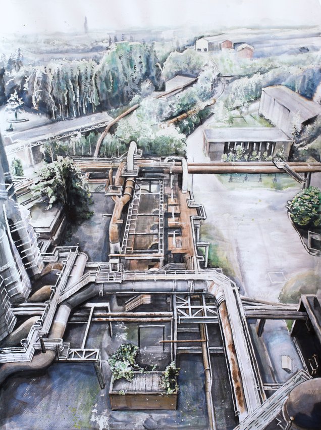 Large ink and watercolor painting of abandoned coal industry by Natascha Mattens2020