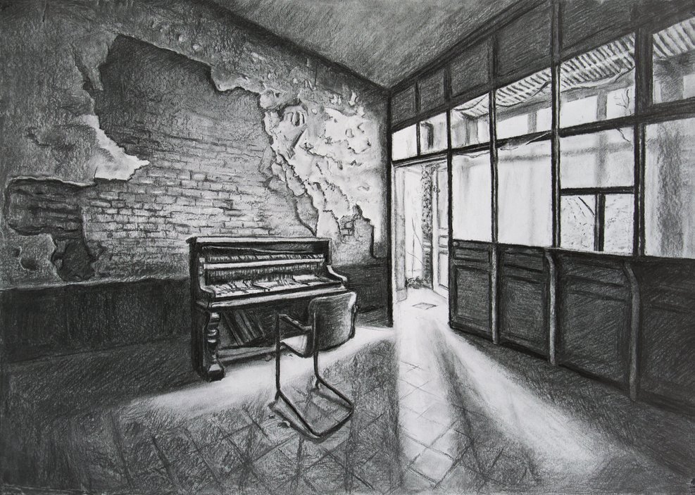 Large charcoal drawing of an abandoned house by Natascha Mattens 2021