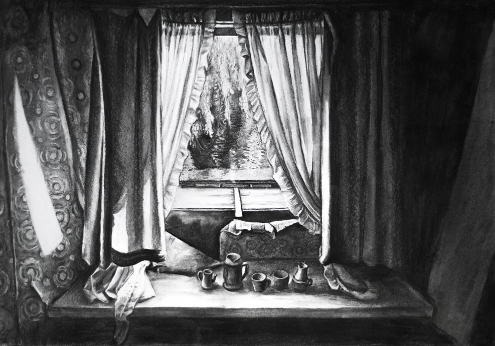 Large charcoal drawing of an abandoned house by Natascha Mattens2020