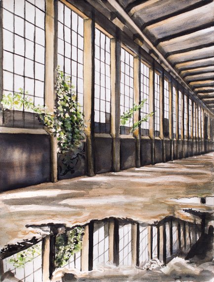 ink and watercolor painting of an abandoned building by natascha mattens 2020